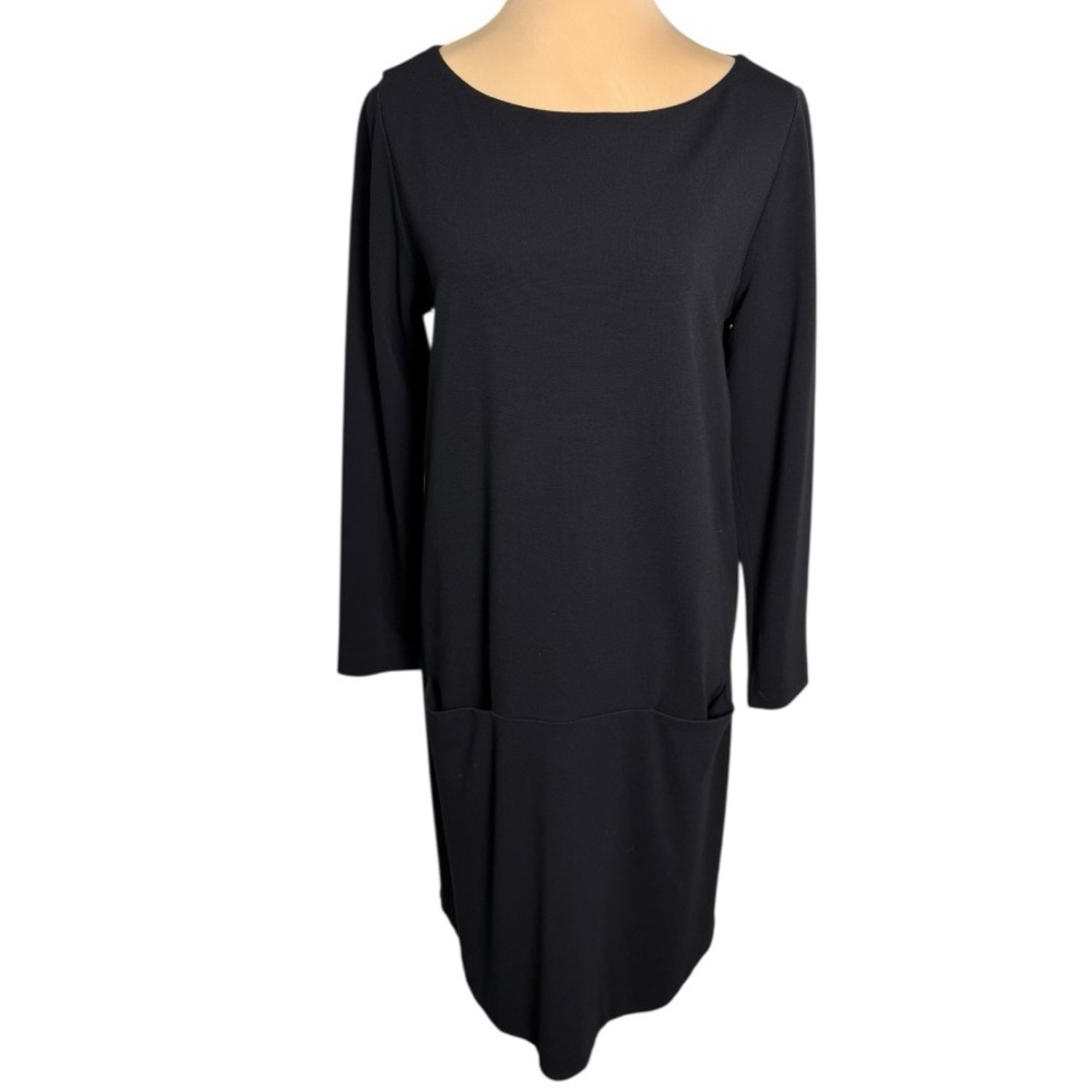Eileen Fisher Black Ponte Knit Shift Dress Pockets 3/4 Sleeve Size S